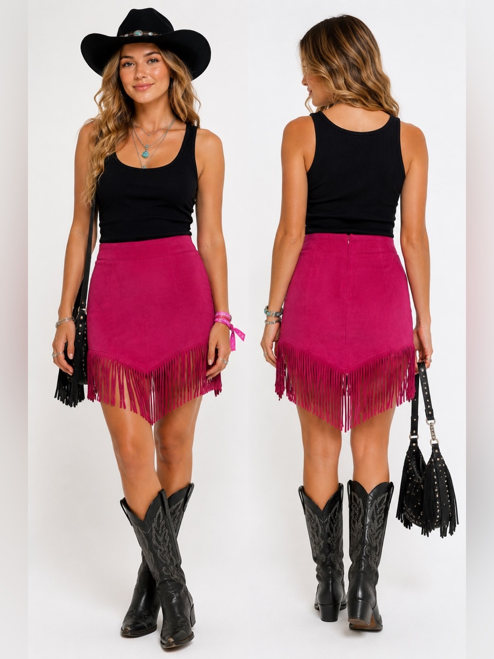 Shyanne Hot Pink Faux Suede Fringe Mini Skirt M Western Festival Cowgirl
